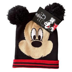 Disney Mickey Mouse Black, White, Red, and Beige Beanie Hat with Pom-Pom Ears
